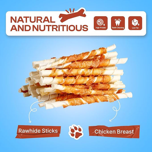 PETPHABET Chicken Wrapped Rawhide Dog Treats - Hide Twists Sticks for Chew, Natural Pet Snack for Small Puppy Traning and Dental Healthy, Chicken Flavor, 5 Inch, 30 Count