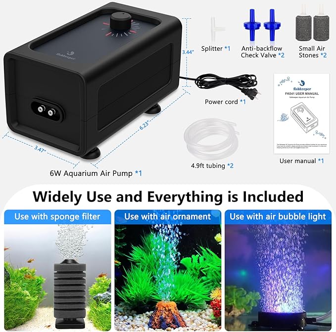 Fishkeeper Aquarium Air Pump, Quiet Powerful Fish Tank Air Pump, 6W/10W Adjustable Oxygen Pump, Metal Dual Outlets Aerator with Air Stone Bubbler for Fish Tank up to 140 Gallon 6W