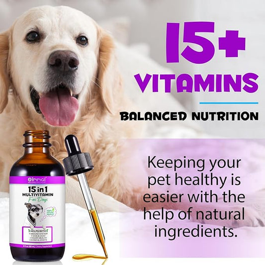 Dog Multivitamin, 15 in 1 Dog Multivitamin Liquid Drops Supplements, Dog Vitamins for Support Skin & Coat, Heart Health, Bones, Joint, Immune System Support, 60ml