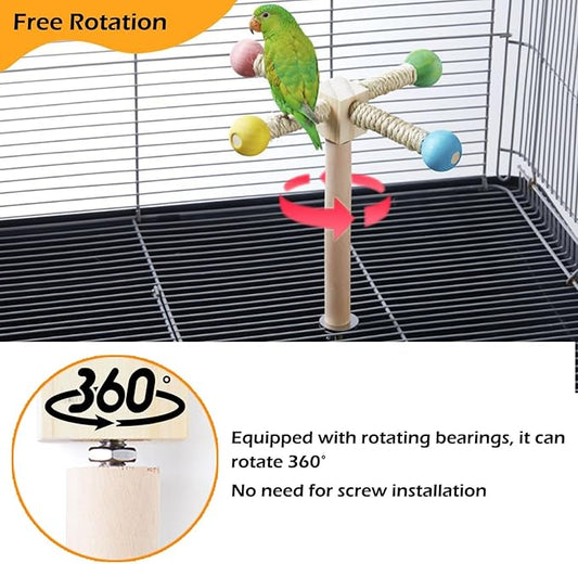 Bird Stand Perch Toy, Interactive Spinning Parakeet Toys, Wooden Exercise Wheel Parrot Toy, Enrichment Cockatiel Toy for Birds Cage, Bird Cage Accessories Perch Toys for Budgies (S)