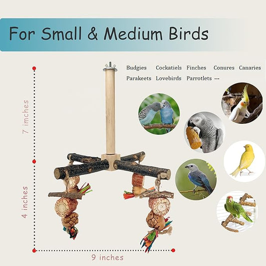 Bird Perch 360° Rotating Perch with Natural Chew Toys - Spinning Bird Toys Cage Accessories- Parrot Wooden Stand for Small and Medium Birds (Parakeets, Budgies, Cockatiels, Conures, Finches)