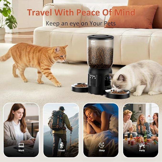 Automatic Cat Feeder with Camera for 2 Cats, 2K HD Video with Night Vision, 5G/2.4G WiFi with 2-Way Audio, Timed Automatic Cat Feeders for Cat & Dog, Dual Power, Black