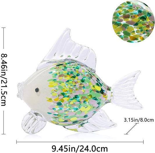 Large Hand Blown Glass Fish Figurines, Aquarium Sea Glass Art, Emerald Green Fish Statue Sculpture Modern Coastal Accent - for Beach Knick Knacks, Coffee Tables, Nautical Offices Centerpiece