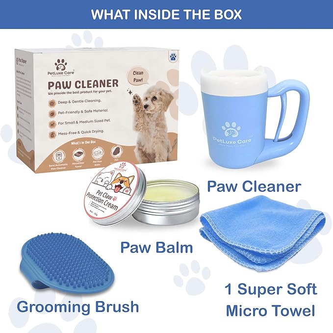 Dog Paw Washer Kit - Includes Paw Cleaner Cup, Towel, Pet Bath Brush & Moisturizing Balm - Dog Foot Washer for Muddy Paws, ideal for Small & Medium Dogs (Blue, Small)