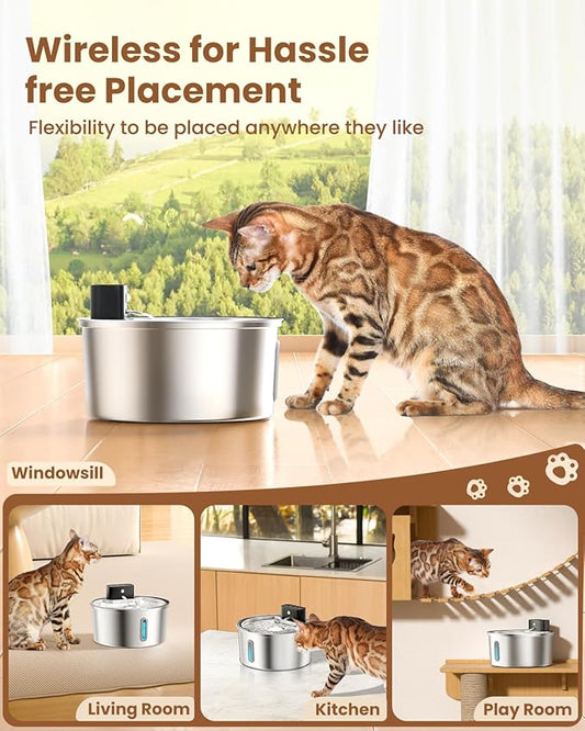 Wireless Cat Water Fountain Stainless Steel - 3.2L/108oz Cordless Pet Water Fountain Battery Operated Cat Water Dispenser Ultra Silent Rechargeable Water Fountains for Cats and Dogs