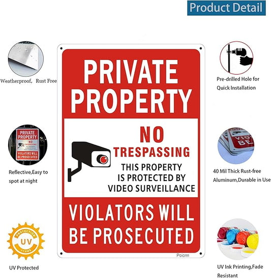 (2 Pack) Large No Trespassing Signs Private Property, Violators Will Be Prosecuted,14"x10".04" Aluminum Reflective Metal Sign,Weather Resistant, Waterproof, Durable Ink, Easy to Mount