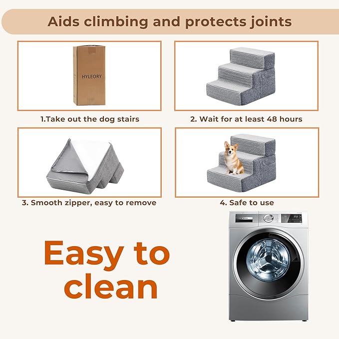 HYLEORY Dog Stairs for Bed 13.5''H, 3-Step Pet Stairs for Small Dogs Cats, Sturdy Pet Steps with Non-Slip Bottom, Functional Portable Dog Ramp for Couch/Chair/Sofa/Car, Storage Pocket, Light Grey-Grey