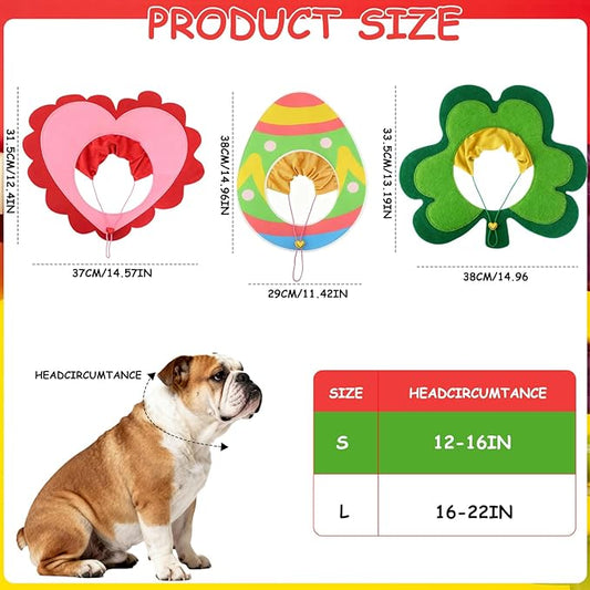 3 PCS Holiday Dog Outfits Set, Valentine’s Day, St. Patrick’s Day, Easter Dog Outfits with Adjustable Headband for Small Medium Dogs, Dog Cat Holiday Party Costumes and Supplies (S: 12"-16")