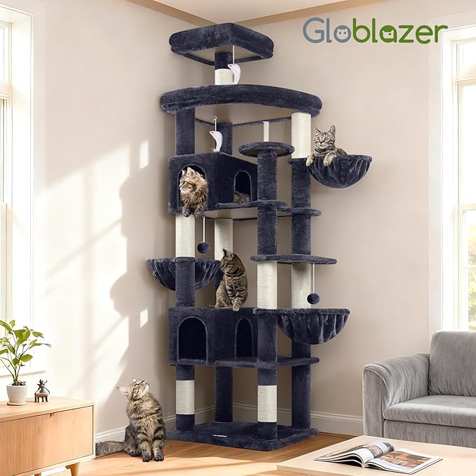 Globlazer Extra Large Cat Tree Tower, 82in Tall Heavy Duty Cat Tree for Indoor Cats Large Adult Big Cat Tower with 8 Scratching Posts, 2 Cat Condos, 2 Padded Perches, 3 Hanging Baskets, S82, Dark Gray