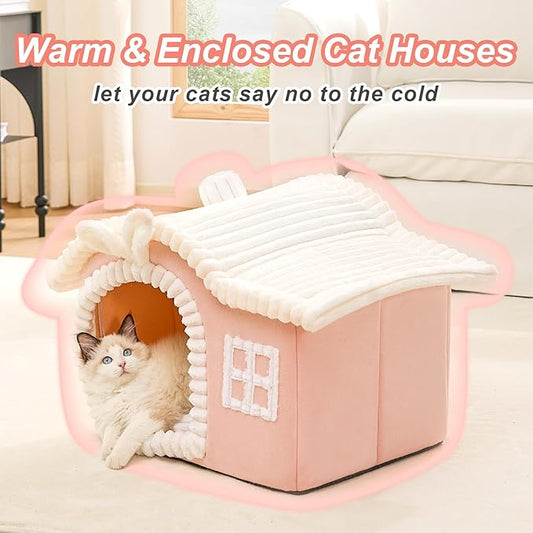 Jiupety Rabbit Cat Houses for Indoor Cats, Chimney Cute Cat Bed Cave, Enough Interior Space, Cartoon Soft Pet House Up to 3-10 lbs Kitten, Pink