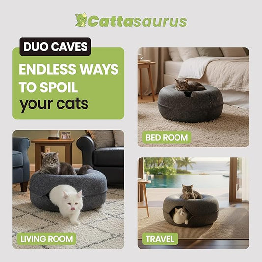 Cattasaurus Peekaboo Cat Cave Donut for Multiple & Large Cats up to 30-45 lbs, 3-in-1 Self Warming Cat Bed, Tunnel & Scratcher for Indoor Cats, Washable & Detachable (Dark Gray + Dark Gray, Large)