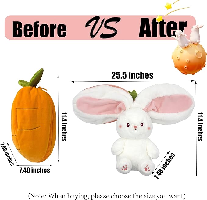 YOUBLEK Bunny Stuffed Animal,Carrot Reversible Cuddle Bunny Plush Doll with Zipper Cute Soft Rabbit Toys Pillow for Kids and Adults Easter Bunnies Plushies Gifts (Carrot, 9.84 inches)