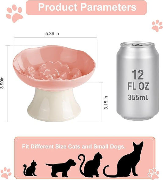 Ceramic Slow Feeder Bowl for Cats and Small Dogs, Elevated Tilted Pet Food Dish, Whisker Friendly Anti-Vomit Design, Heavy Stable Base, Dishwasher Safe, 5 Colors Options (Blush Pink)