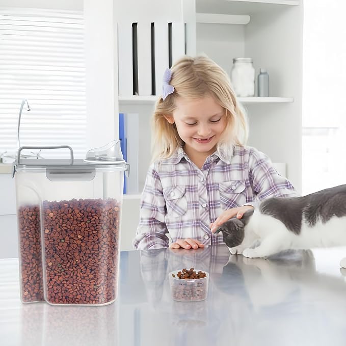 5-7Lbs Cat Dog Storage Container, Portable Pet Food Containers with Upgraded Large Spout and Cup, Small Animal Kibble Dispenser for Bird Seed, Oatmeal, Rice, Flour (1, Clear Gray, 5L)