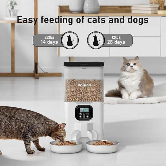 Voluas Automatic Cat Feeder for Two Cats, Double Pet Feeder with 2 Stainless Steel Bowls,6L Timed Cat Feeders with Memory Function