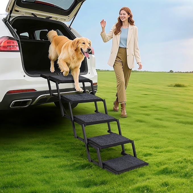 Extra Wide Dog Steps for Car, Truck and SUV - Foldable Pet Stairs for Large Dogs with Non-Slip Rug Surface, Lightweight Dog Ramp Holds Up to 250lbs, 5 Steps