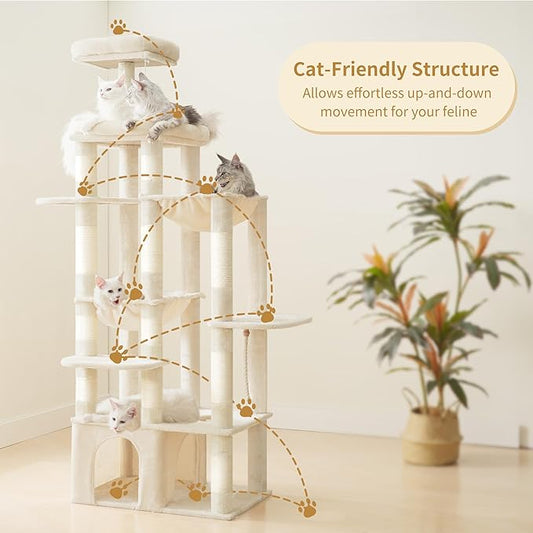 Heybly Cat Tree, 71-Inch Tall Cat Tower for Large Maine Coon Cats with Extra-Large Baseboard, Cat Condo Furniture with Multi-Level Platforms, 2 Hammocks and 12 Scratching Posts, Beige HCT037M