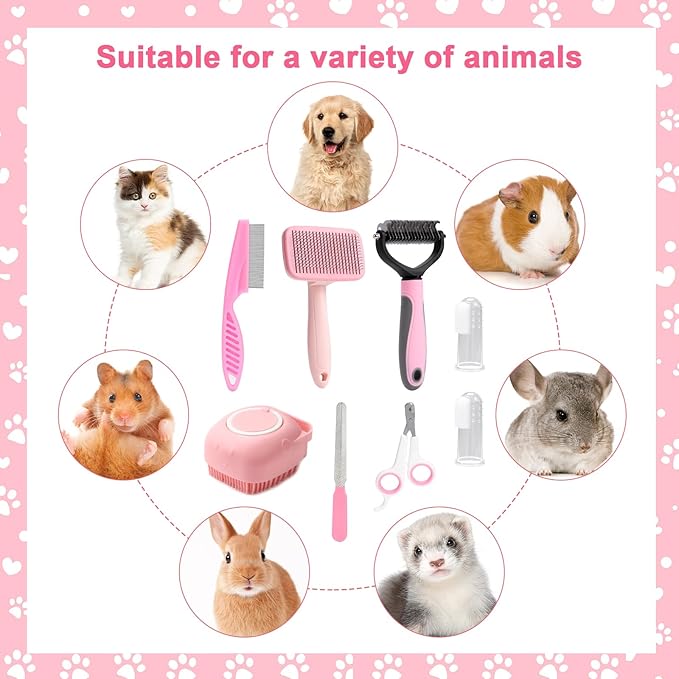 VCZONE 8 Pcs Dog Grooming Kit with Self Cleaning Tools: Nail Clipper, Flea Comb, Shampoo Brush, Shedding Brush, Dematting Comb, Silicone Toothbrush (Pink)