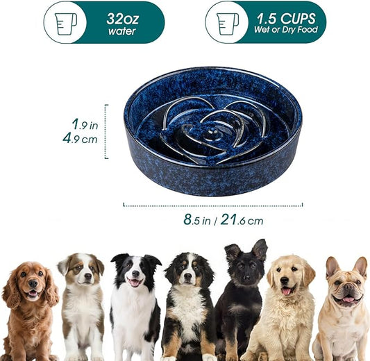 vancasso Slow Feeder Dog Bowl, 1.5 Cups Ceramic Slow Feeder for Medium Breed, Puzzle Maze Dog Food Bowl for Fast Eater, Blue