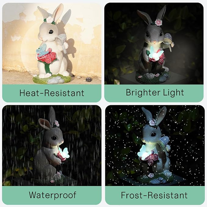 NYUWOAURC Garden Statues Rabbit with Solar Light,Bunny Outdoor Garden Decor Ornaments for Patio Yard Art,Birthday Easter House Warming Garden Gift for Women Mom,Resin Animal Figurine with Wider Base