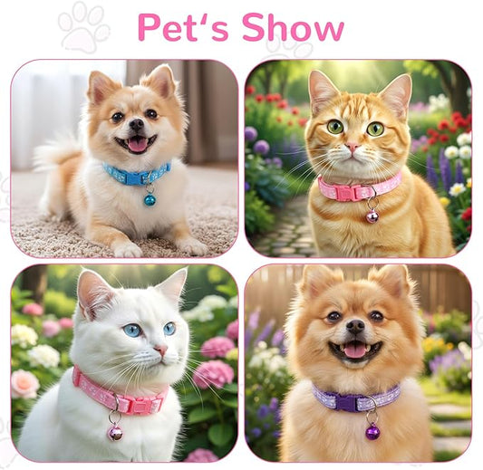 3pcs Puppy Collar and Leash Set with Bell, Adjustable Collar and Leash for Small Dogs, Paw Print Collars for Puppy Small Dogs & Tiny Kitten (Purple, Pink, Blue)