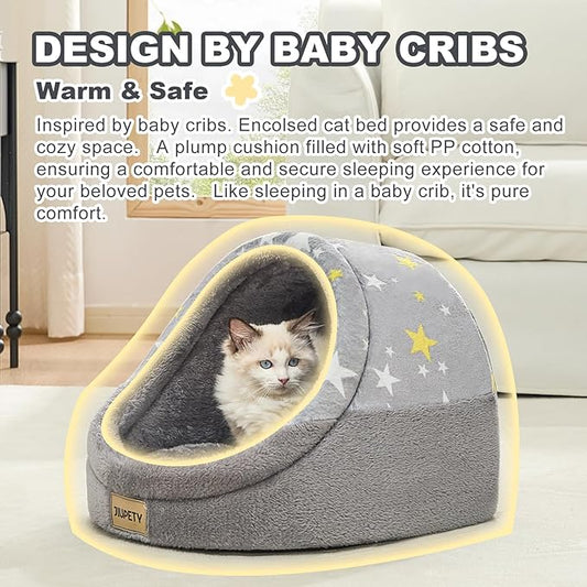Jiupety Cute Cat Beds for Indoor Cats, Cat Cave Bed for Kittens, Large Cat Cave and Covered Cat Bed with Anti-Slip Bottom, Washable Removable Cushion, M(16"x16"x13"), Gray Star