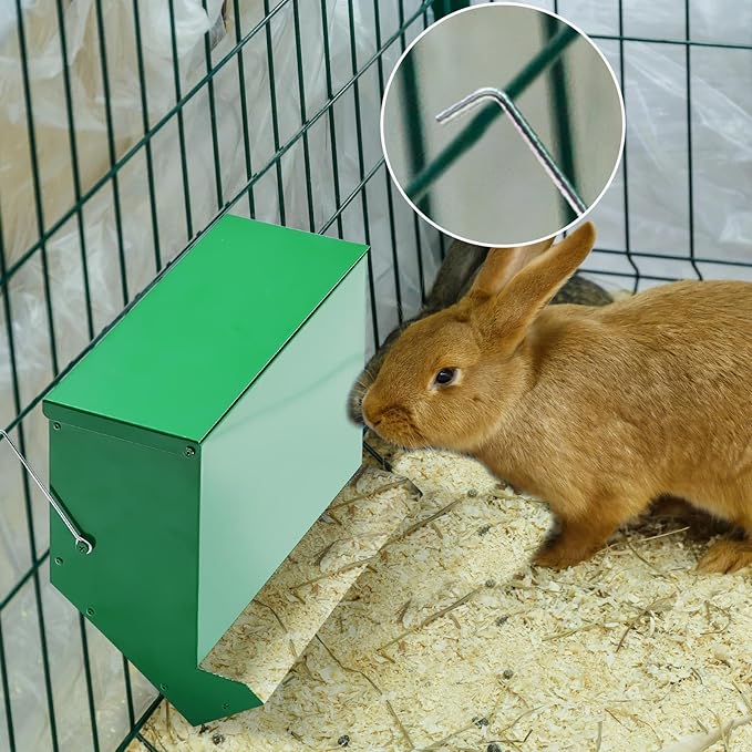 Maxcheck 2 Pcs Rabbit Feeder for Cages Small Animal Food Dispenser with Lid Metal Chicken Grit Oyster Shell Feeders Outside(11.8 Inches,Mesh Bottom,Green)