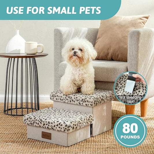 Dog Stair for Small Dogs with Storage, Foldable Pet Stairs for Medium or Puppy Dogs and Older Cats, Dog Steps for Bed or Couch with Soft Cover, 19.7x13x9.6 inch, 2 Tiers, Leopard
