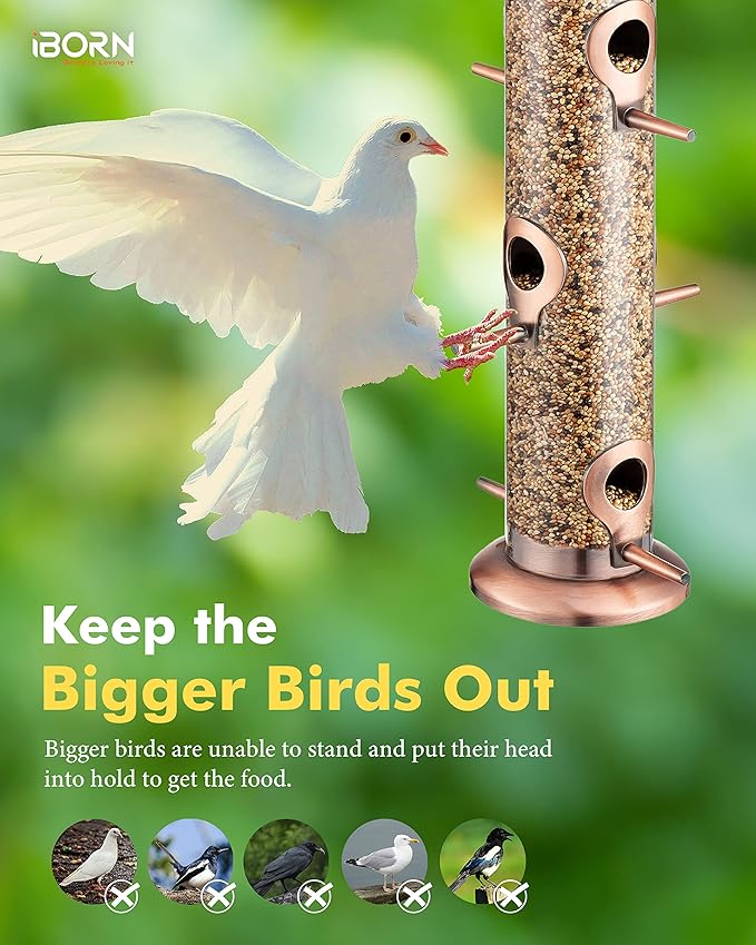 iBorn Metal Bird Feeders Brushed Copper Wild Bird Feeder for Outdoors Hanging All Metal Brushed Copper Finishing 15 Inch 6 Port(Seed is not Included)
