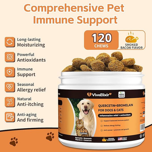Quercetin & Bromelain for Dogs & Cats with Colostrum & Probiotics - Supports Immune System, Relieves Itchy Allergies, Anti-Inflammatory Antioxidants, Veterinarian Recommended, 120 Chewable Tablets