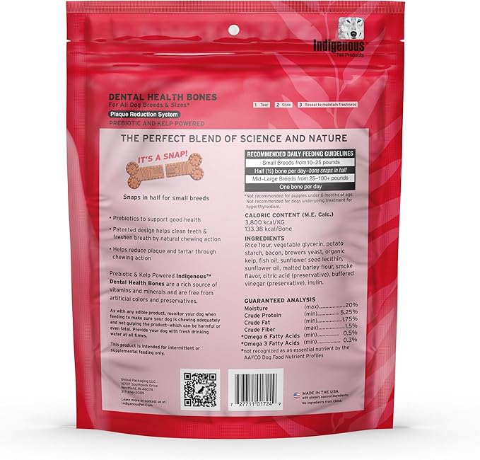 Indigenous Pet Dental Health Bones Regular Variety 4 Pack – Bacon, Chicken, Carrot, Original (17 Ounce x 4) | Grain-Free Dog Chews with Prebiotics & Omegas | Supports Digestive Health |