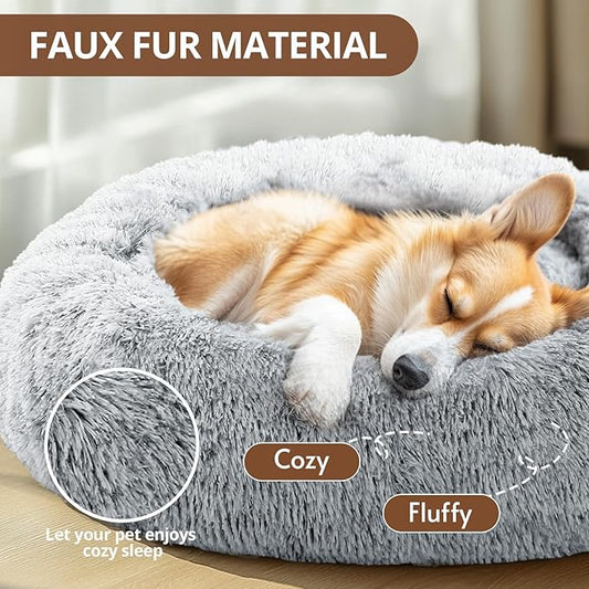 JOLLYVOGUE Small Dog & Cat Beds for Indoor Cats, Donut Cuddler Warming Soft Dog Beds with Anti-Slip Bottom, Round Calming Fluffy Plush Faux Fur Cushion Bed for Medium Dogs (27", Smoke Grey)