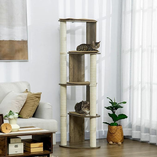 PawHut 65" Corner Modern Cat Tree Tall for Climbing, Large Multilevel Cat Tower with Scratching Posts, Small-Fit Kitten Tower with Sisal, Cream White