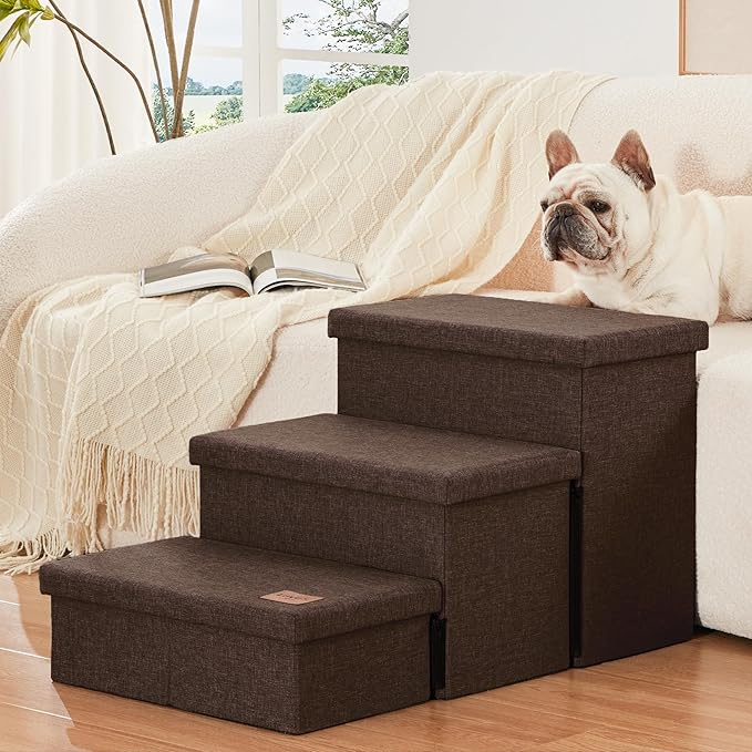 Love's cabin Dog Stairs for High Bed 18" H,Foldable Pet Stairs for Small Medium or Large Dogs Puppy with Storage for Bed or Couch,Cat Dog Steps Ramp with Zip up to 200 lbs(Coffee,3 Steps no Condo)