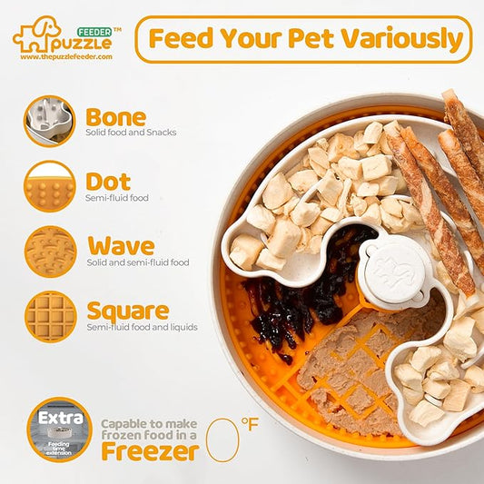 Puzzle Feeder Slow Feeder Dog Bowl with Lick Mat and Puzzle Inserts - Non-Slip Base, Adjustable Speed Design, Dishwasher Safe for Puppies, Orange