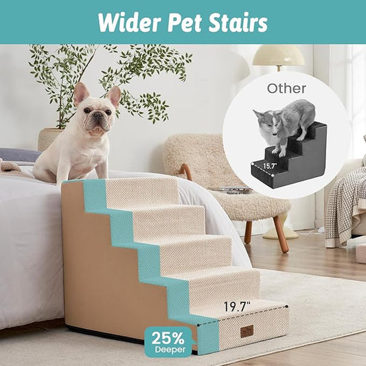 Dog Stairs for Small Dogs, 5 Tier Wider Pet Stairs for High Beds, 23.6" H Non-Slip Dog Steps for Old Cats, Puppies, Small Medium Dogs, 19.7x29.5x23.6 inch, Beige