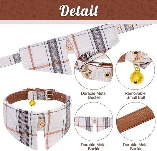 EXPAWLORER Puppy Collar and Leash Set - Classic Plaid Small Dog Collar with Bow Tie, Cute Dog Collar and Leash Set, Adjustable Dog Collar for Small Dogs Cats Holiday Birthday Gifts, Beige X-Small