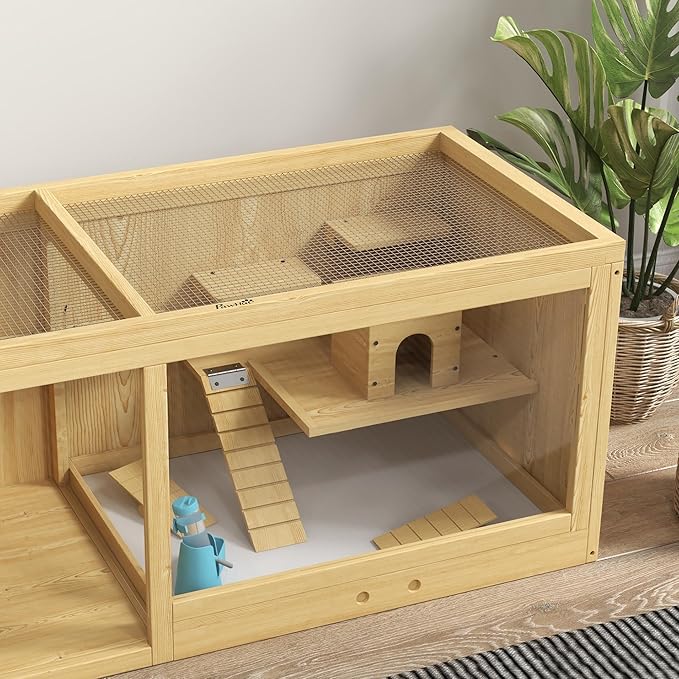 PawHut Wooden Hamster Cage, Extra Large Gerbil Cage, Multi-Layer Small Animal Cage for Dwarf Hamster, Activity Center with Pull-Out Tray, Seesaws, Water Bottle, Ladder, Openable Top