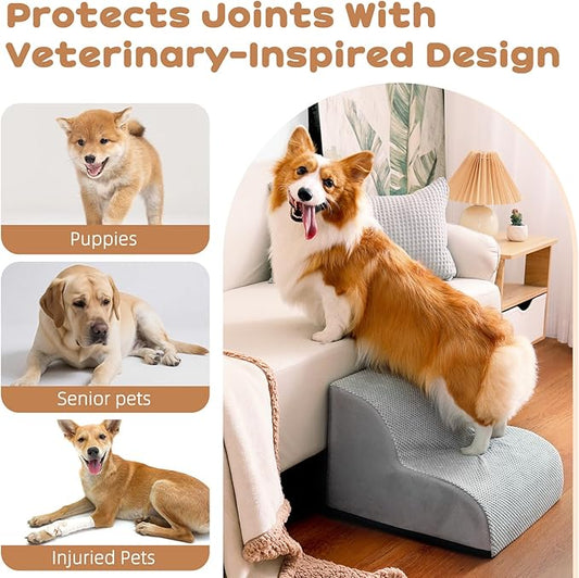 Dog Stairs for Small Dogs and Cats, 12" H 2 Steps Pet Steps Ramp for High Bed, Couch, Sofa, Waterproof Pet Stairs with Removable Washable Cover, Non-Slip Bottom, Light Gray