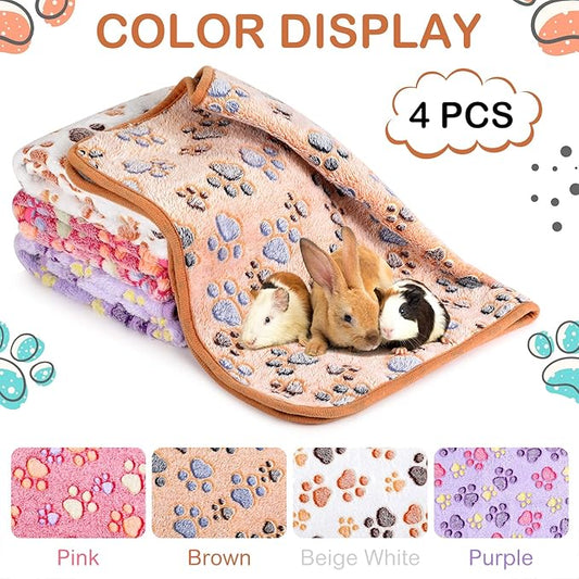 Reginary 4 Pcs Waterproof Guinea Pig Blankets Washable Small Animal Fleece Bedding Guinea Pig Cage Liners Reusable Training Pads Pet Pee Pad Sleep Mat for Hamster(Paw Print,35 x 24 Inch)