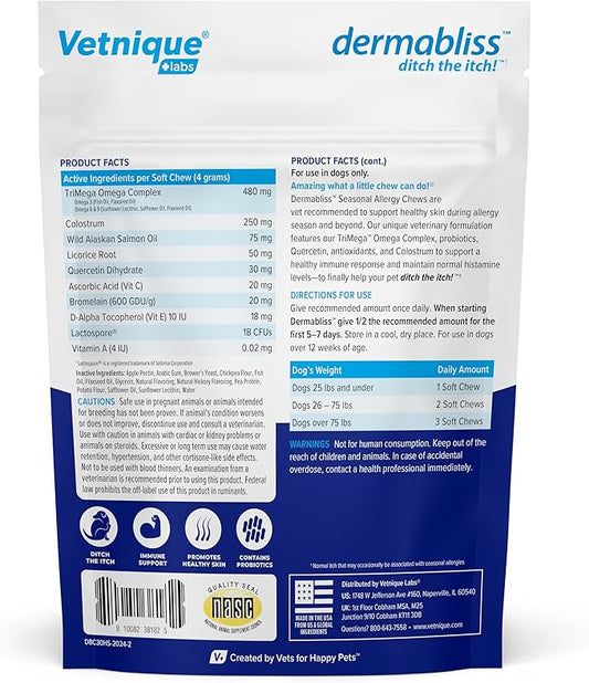 Vetnique Dermabliss Dog Allergy Relief & Immune Support Supplement Allergy Chews for Dogs Itching and Licking with Omega 3 Fish Oil & Probiotics for Itch Relief - Vet Recommended (30 Count Chews)