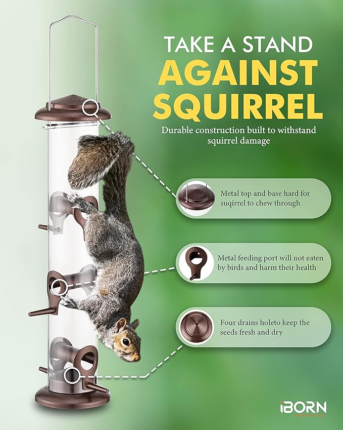 iBorn Metal Bird Feeder Hanging Wild Bird Seed Feeder for Mix Seed Blends Heavy Duty All Metal Coffee Finish,15 Inch 6 Port(Seed is not Included)