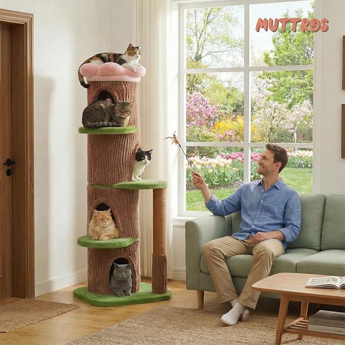 Forest Cat Tree Tower with 4 Condos, 68.5" Tall Cat Tower with Flower Top Bed & Thick Scratching Post (φ3.8in) – Large Heavy Duty Tree That Looks Like a Tree for Indoor & Multi-Cat Households