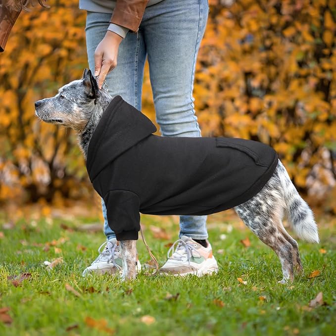 Solid Soft Brushed Fleece Dog Hoodie Sweatshirt with Pocket - Large Dogs (Black-XXL)