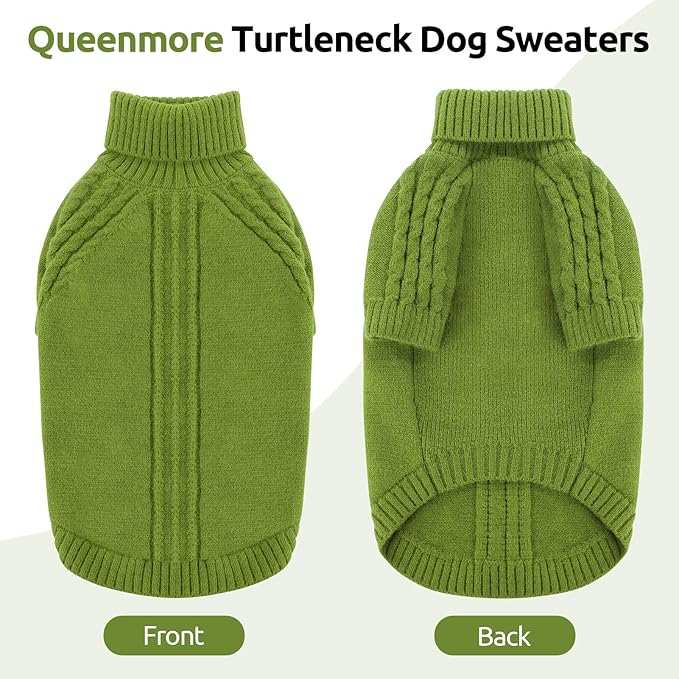 Queenmore Dog Sweaters for Small Dogs, Long Sleeve Doggie Sweater with High Neck, Soft Comfortable Pet Pullover with Patterns, Christmas Warm Dog Kintsweater for Chihuahua Yorkie Pomeranian (Green,S)