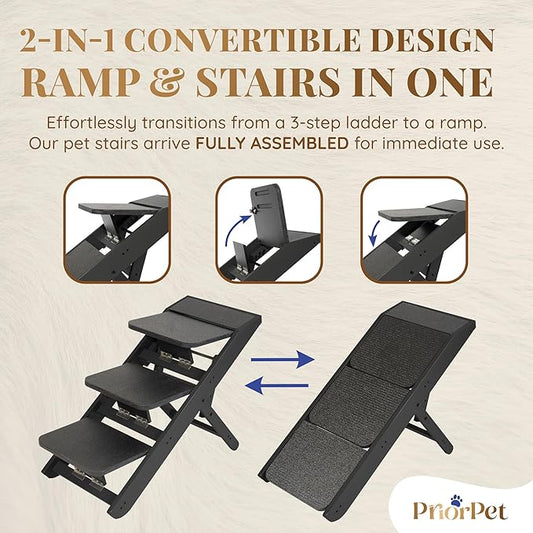 Dog Steps for Bed & Couch 2-in-1 Dog Stairs/Ramp - Height Adjustable Dog Ramp for Couch 7” - 20” - Pet Stairs, Dog Stairs for Small Dogs - Easy to Move Pet Steps with Landing Platform, Black