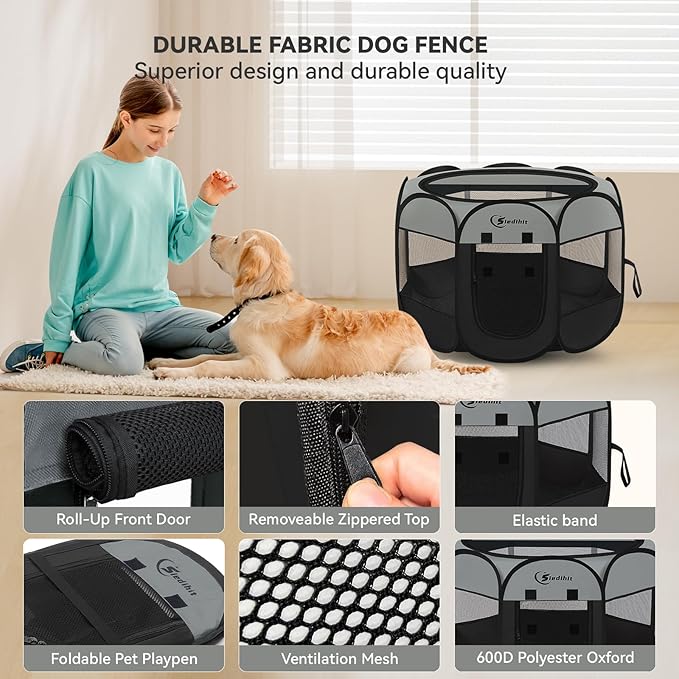 Dark Grey Puppy Playpen for Large Dog Cat, Dogs Tent Crates Cage Indoor/Outdoor, Portable Pop Up Dog Kennel with Carrying Bag for Rabbits, (Dark Grey, Large)