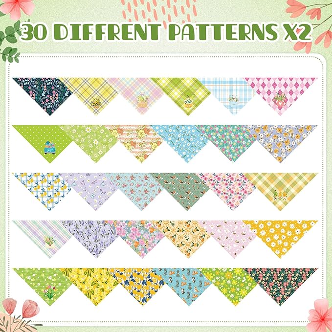 Sanwuta 60 Pcs Spring Dog Bandanas Floral Dog Bandanas Bulk Adjustable Pet Bibs Triangle Scarf Flower Costume for Small to Large Pet (Floral Pattern, Large)