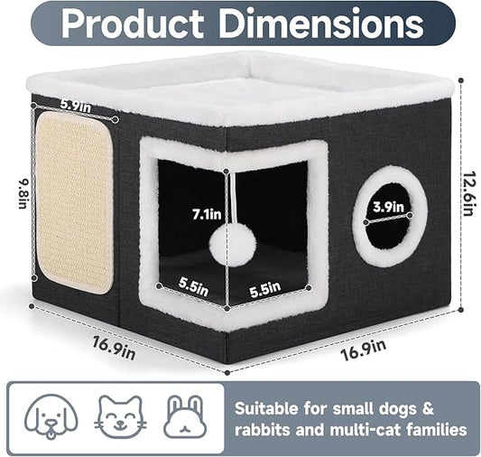 Shikha Cat Beds for Indoor Cats, Large Cat Cave with Cozy Condo, Fluffy Ball, Round Window, Foldable Indoor Cat House Hold Up to 30LBS, Cat Hideaway with Reversible Cushions for All Seasons, Black