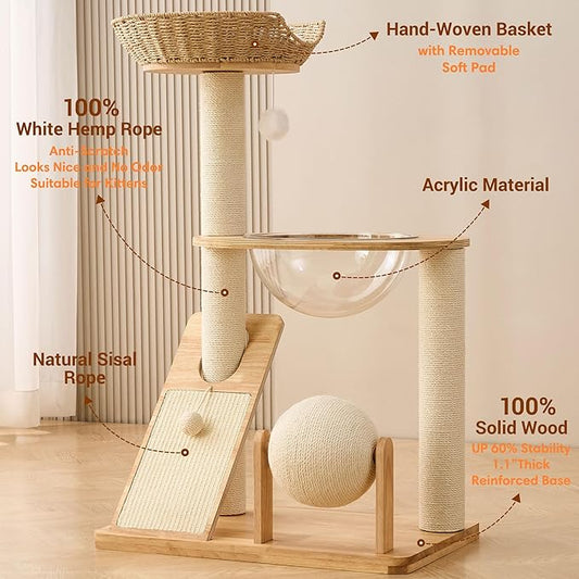 HITTITE Solid Wood Cat Tree Tower with Scratching Post, 36.6 Inches Tall Cat Towers with Scratching Board and Scratcher Ball, Modern Cat Tower With Space Capsule and Hand-Woven Basket for Indoor Cats.